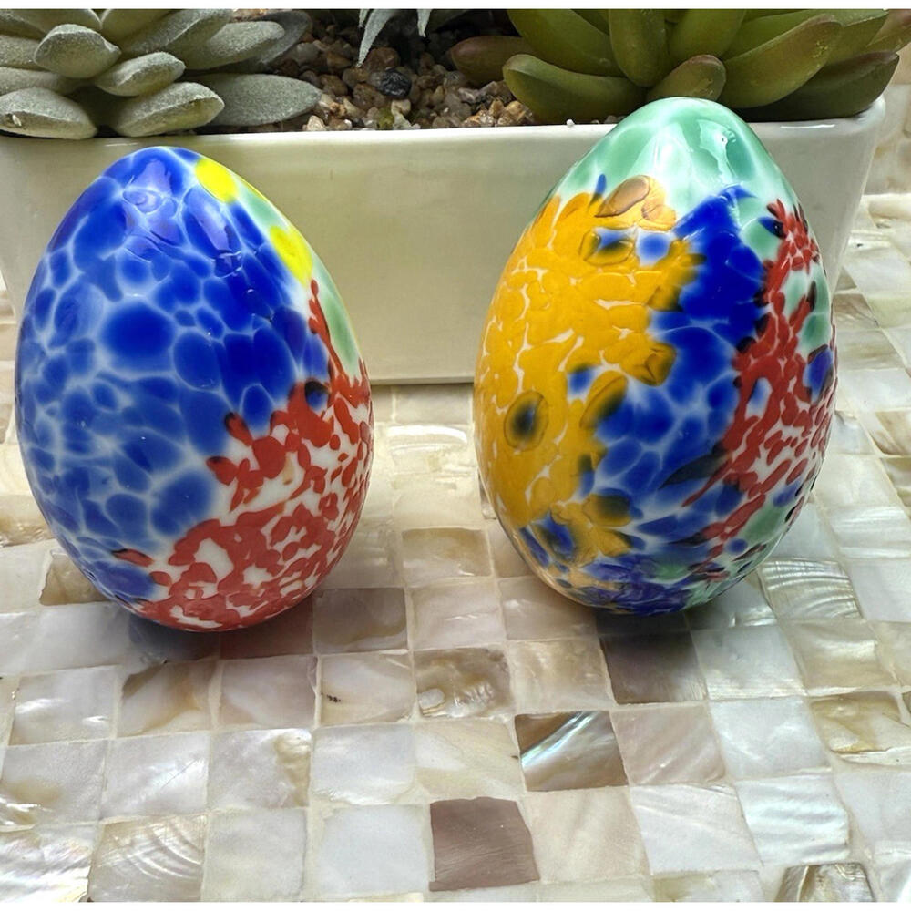 2 Bohdana Czech Art Glass Egg Paperweights Hand Blown Multi Color Coral Spatter